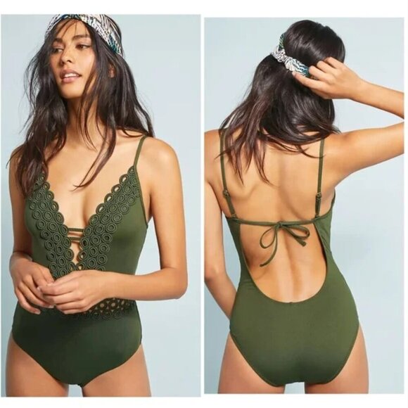 Becca Siren One Piece Swimsuit Bathing Suit Eyelet Boho Moss Green Size L Large - Picture 6 of 10